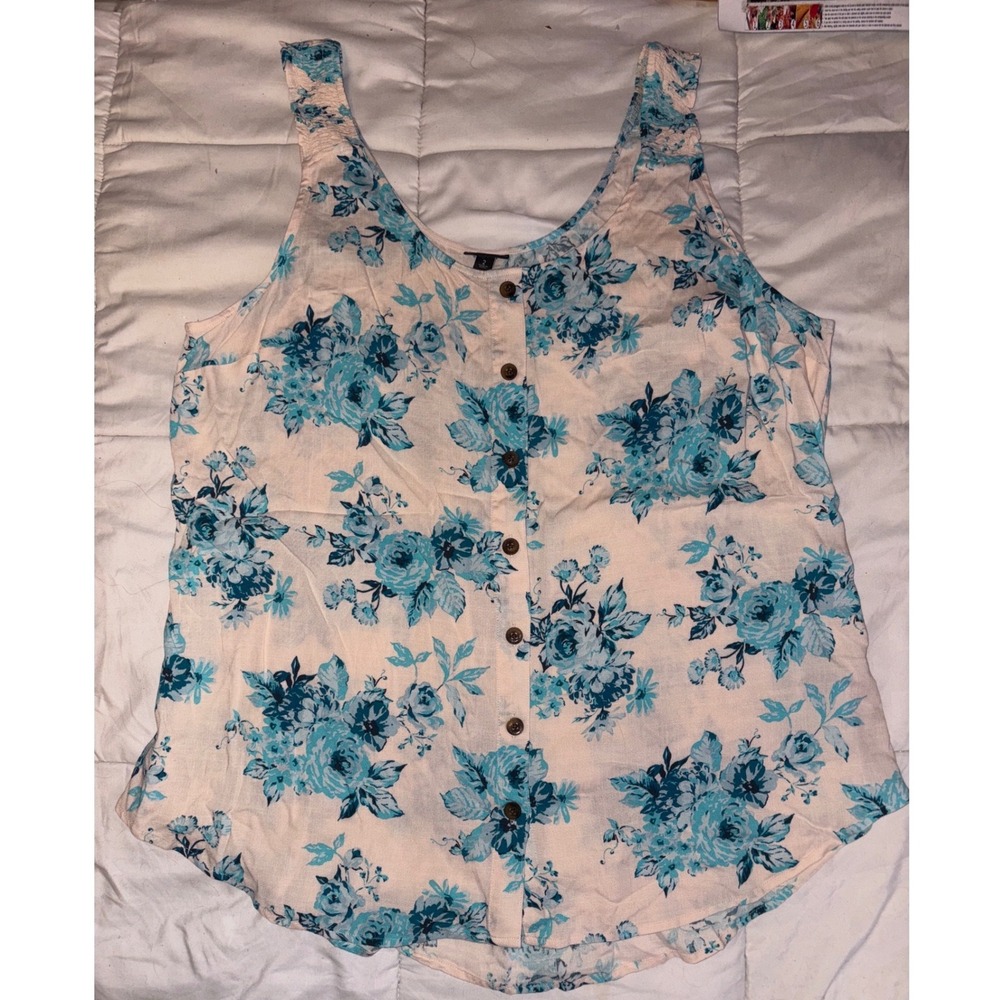 Torrid Plus Size Blue Floral Rayon Slub Button Front Tank Top, Size 2/2X